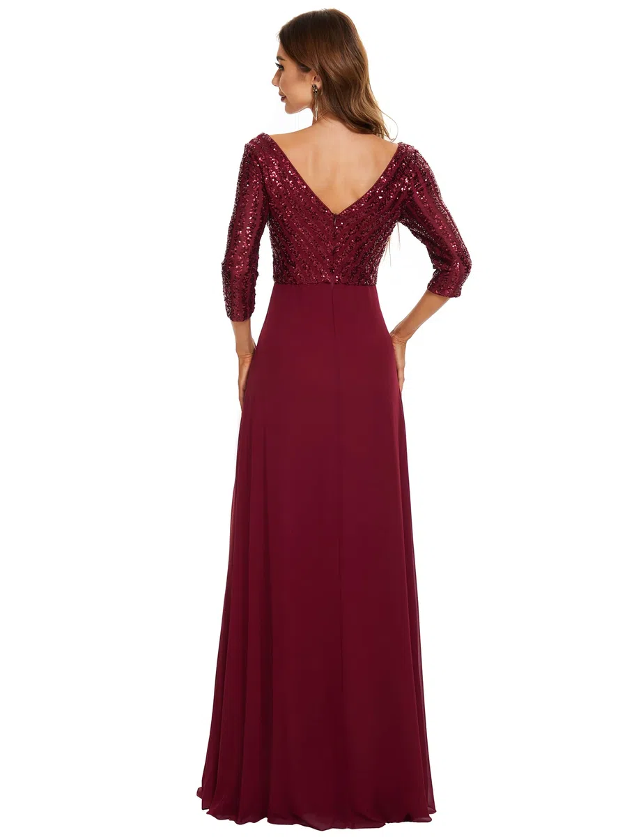 Ever-Pretty Vestido de Fiesta Lentejuelas Manga Larga Mujer A-línea Escote en V Imperio Elegant 00751