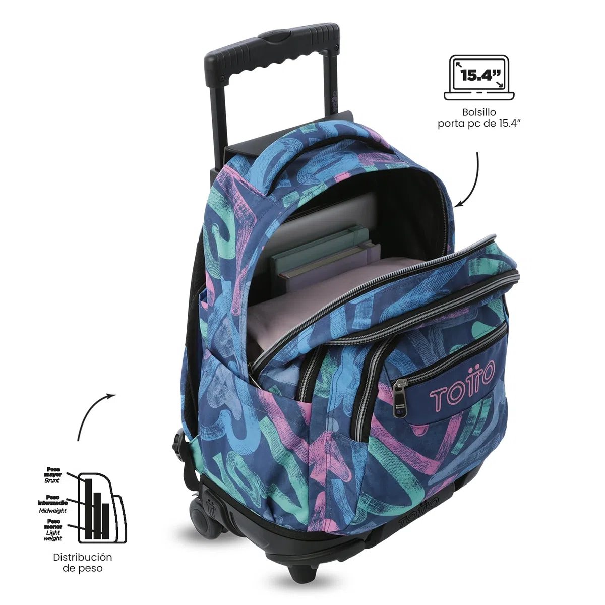 TOTTO Mochila Escolar con Ruedas Renglones 26,21 Litros Bolsillo PC 14" Estampado Roomin Azul