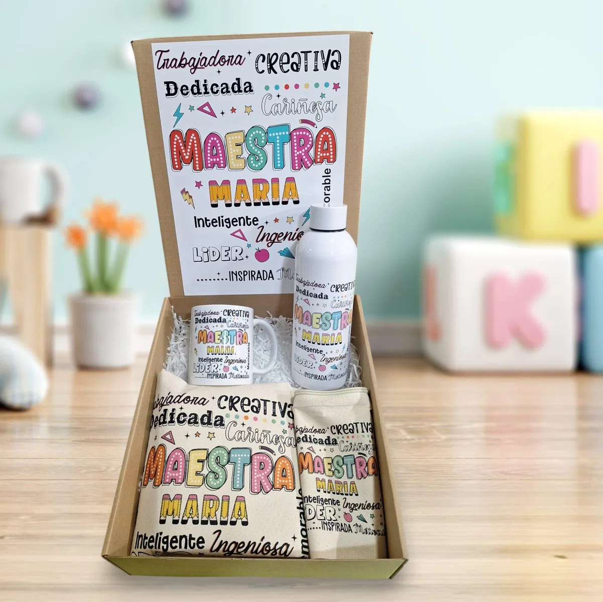 Genérico Pack de Regalo personalizado con nombre y texto, para maestras, Profesoras, profesoras de guardería.