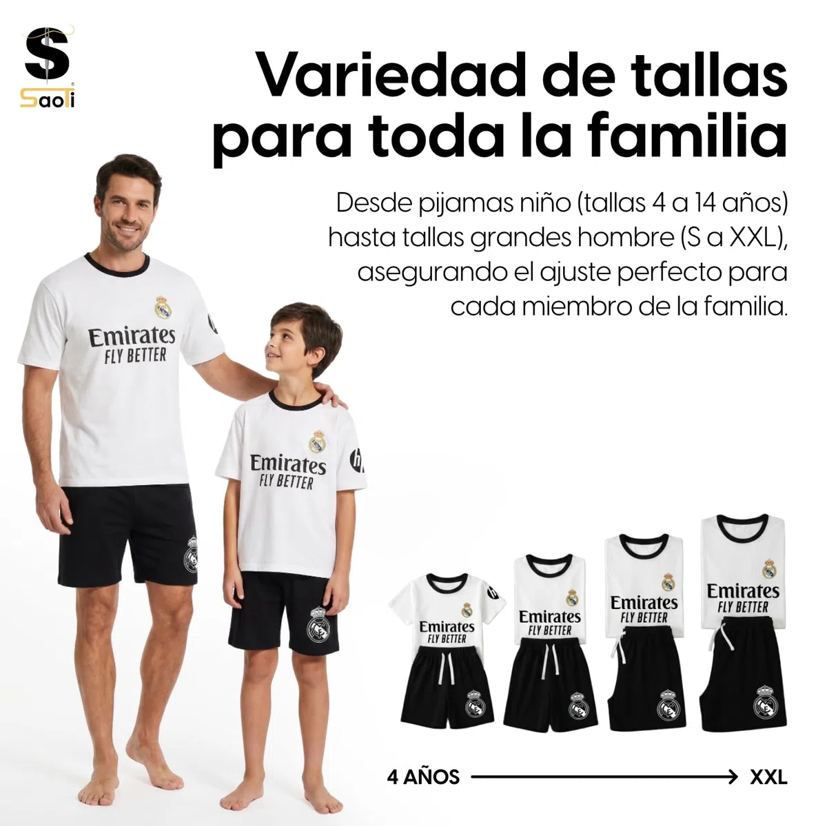SaoTi Pijama Algodón Hombre Fútbol Madrid Camiseta y Pantalón Corto Verano – Pijama Corto Cómodo y Fresco Adulto y Niño 11 Tallas – Pijamas Verano Algodón Suave