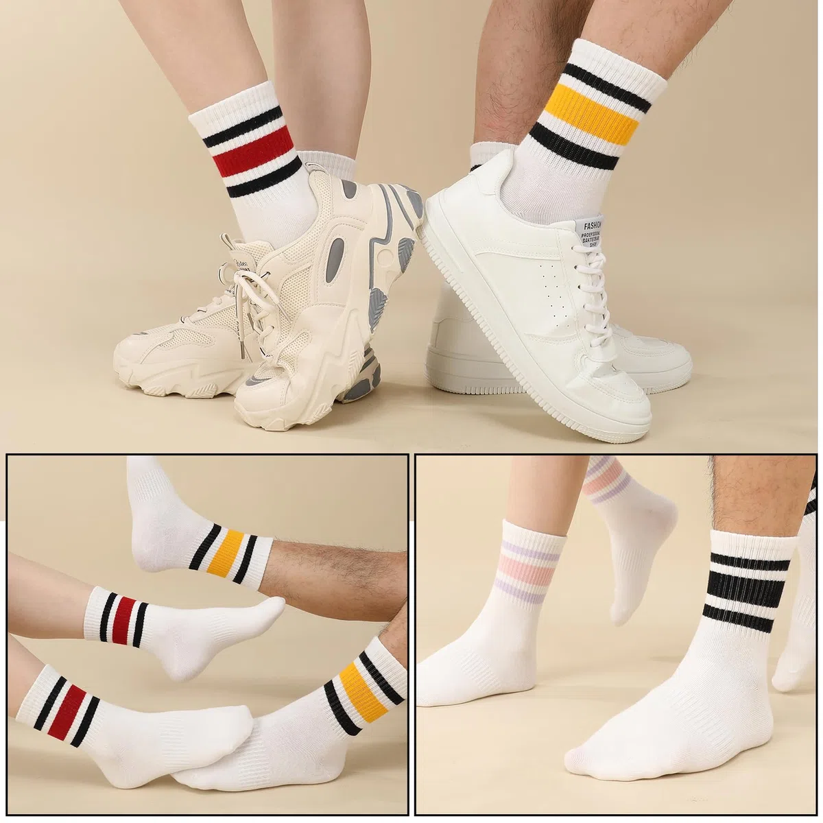 taonganui 6 pares de calcetines deportivos para mujer 38-43 calcetines de tenis calcetines largos de algodón blanco calcetines deportivos con rayas calcetines de tenis mujeres, Como se muestra en la