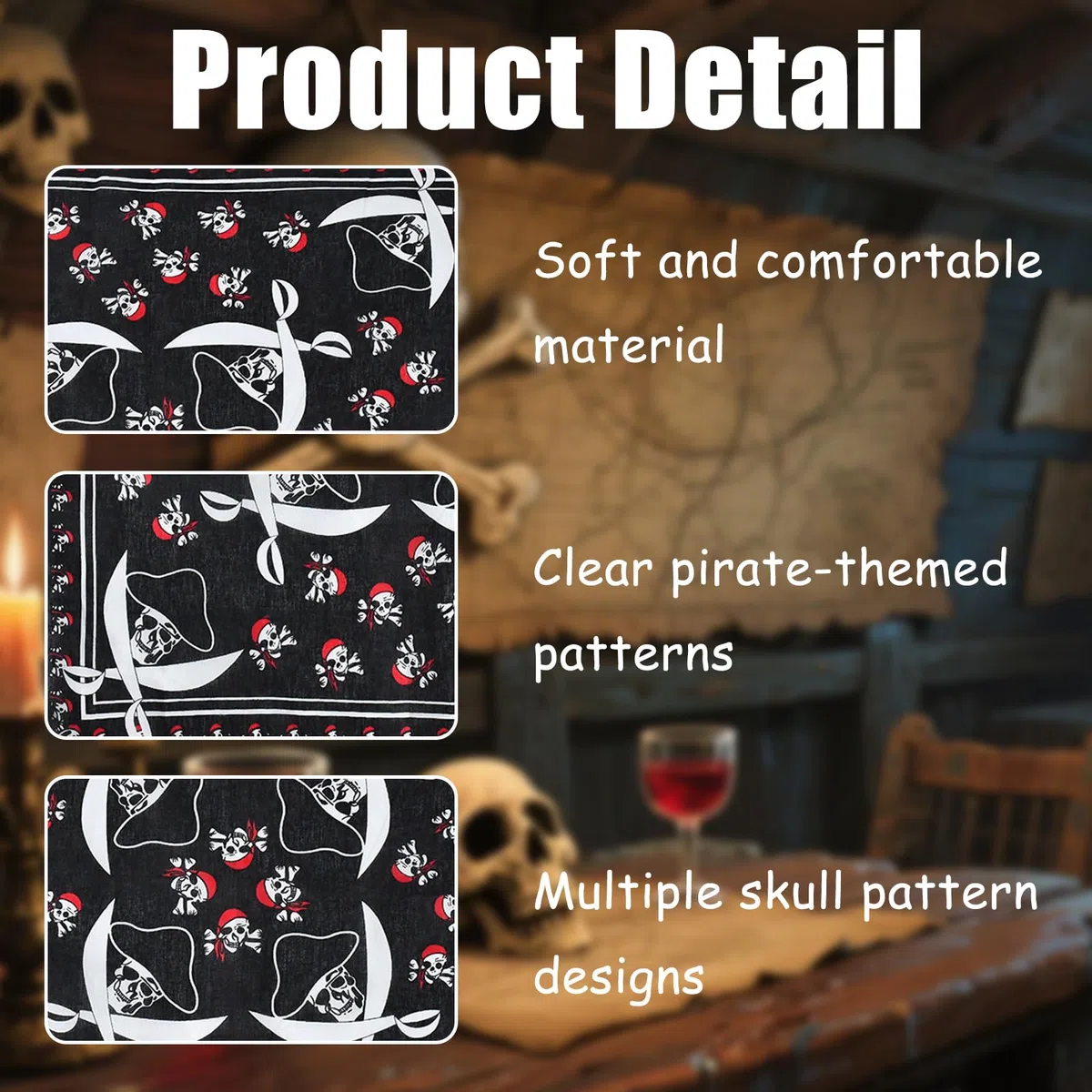 Pañuelos negros de calavera Halloween, diadema pirata algodón doble cara, envoltura cabeza unisex