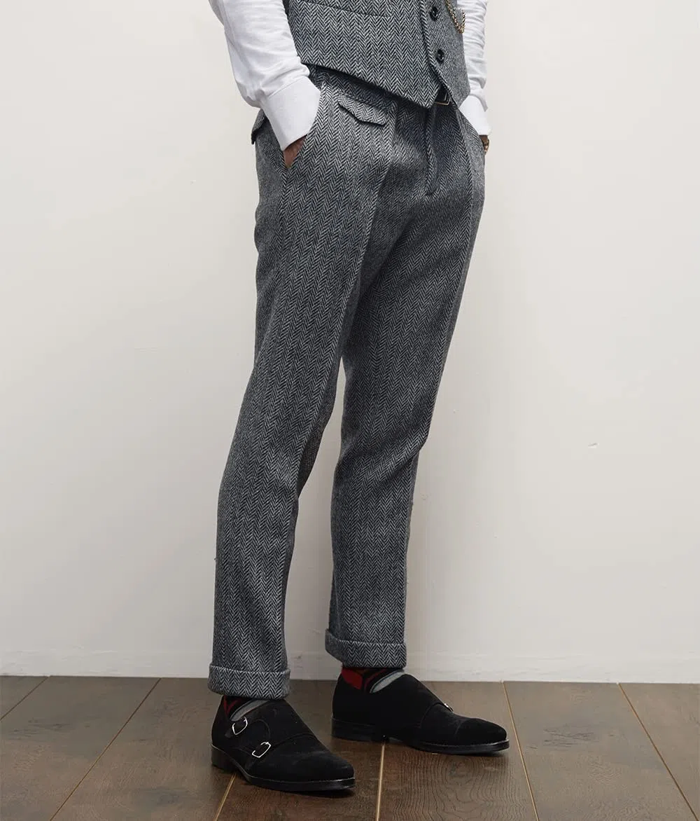 Pantalones de traje de vestir retro para hombre, pantalones de lana de tweed con frente plano en espiga