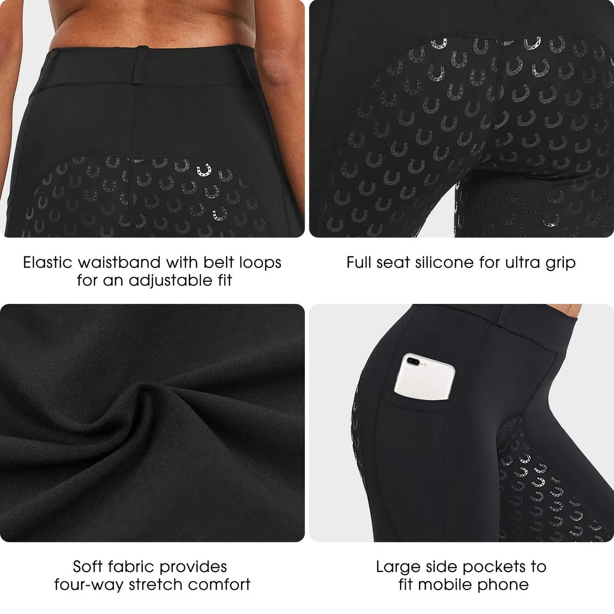 FitsT4 Sports Pantalones de Montar para Mujer Pantalones de Montar con Refuerzo Completo de Silicona, Bolsillo para el móvil y Trabillas para el cinturón