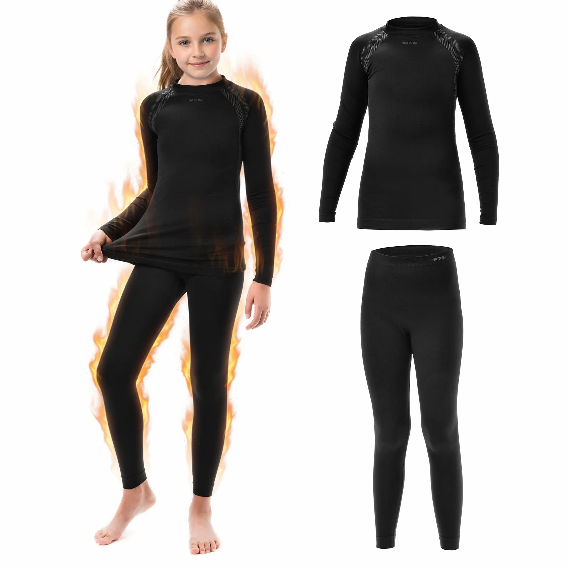 meteor Conjunto Ropa Interior Térmica para Niños - Camiseta de Manga Larga y Pantalón - Set Infantil Elástico para Esquí Snowboard Acampada y Senderismo para Niño y Niña