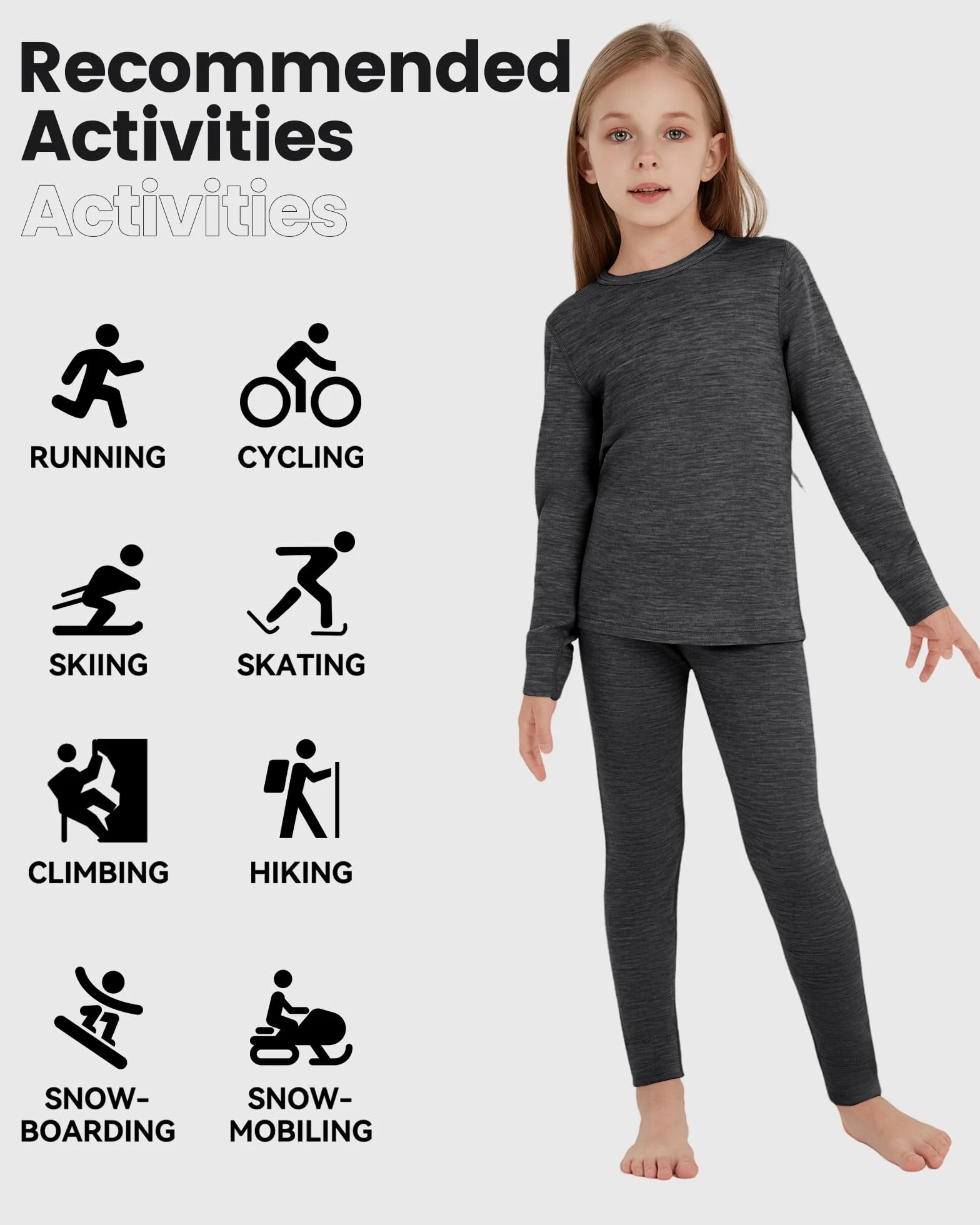 Ropa interior térmica infantil unisex, 100 % lana merino, juego para niños y niñas, ropa interior de esquí de invierno, cálida y cómoda, 260 g/m², gris brezo, 7-8