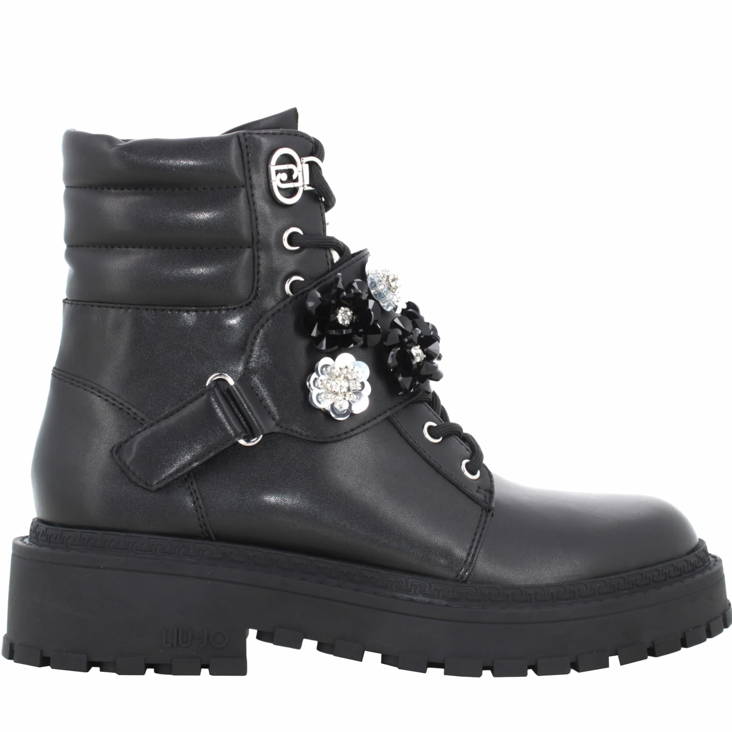 Liu Jo Botas Militares con Flores de Cristal, Negro, Cuero, Suela de Goma, Estilo Combat (Negro, Mediano, Sistema tallas calzado EU, Adulto, Números, mediano, 40)
