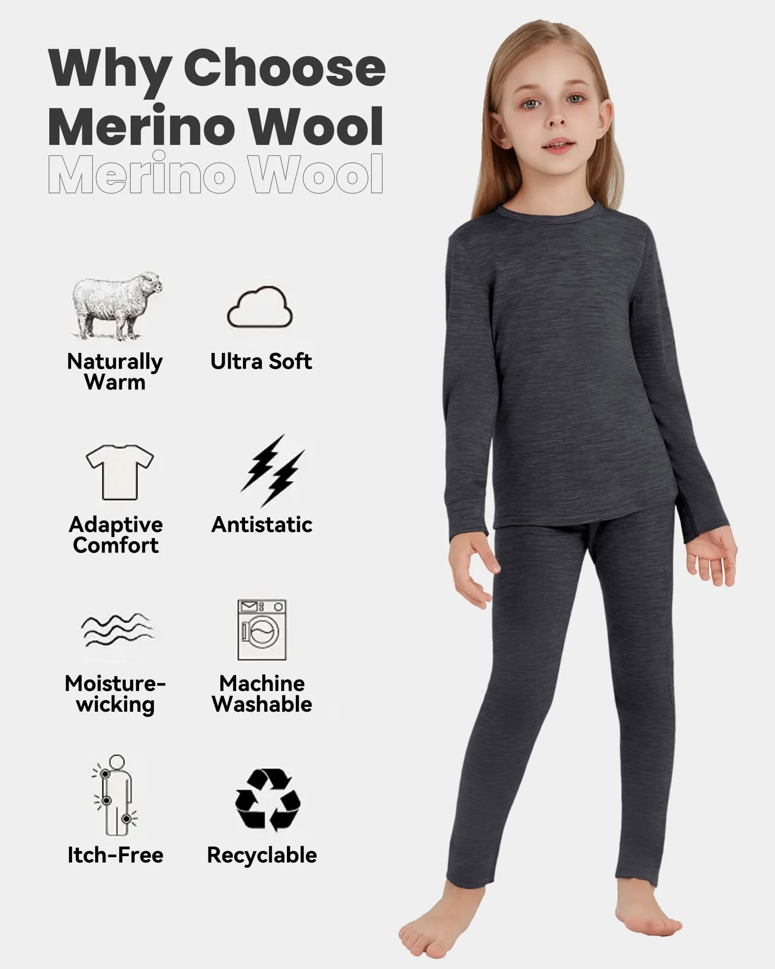 Ropa interior térmica infantil unisex, 100 % lana merino, juego para niños y niñas, ropa interior de esquí de invierno, cálida y cómoda, 260 g/m², gris brezo, 7-8