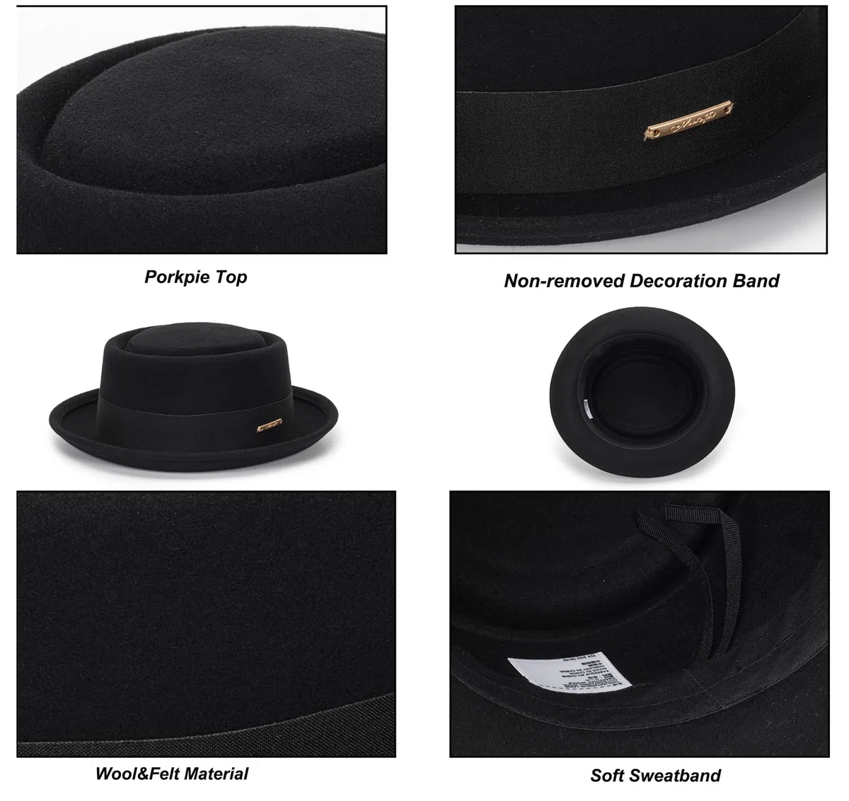 Sombrero de Porkpie Plano para Hombre, Sombrero de Lana Negra con Banda (S-M), Negro con Banda, M