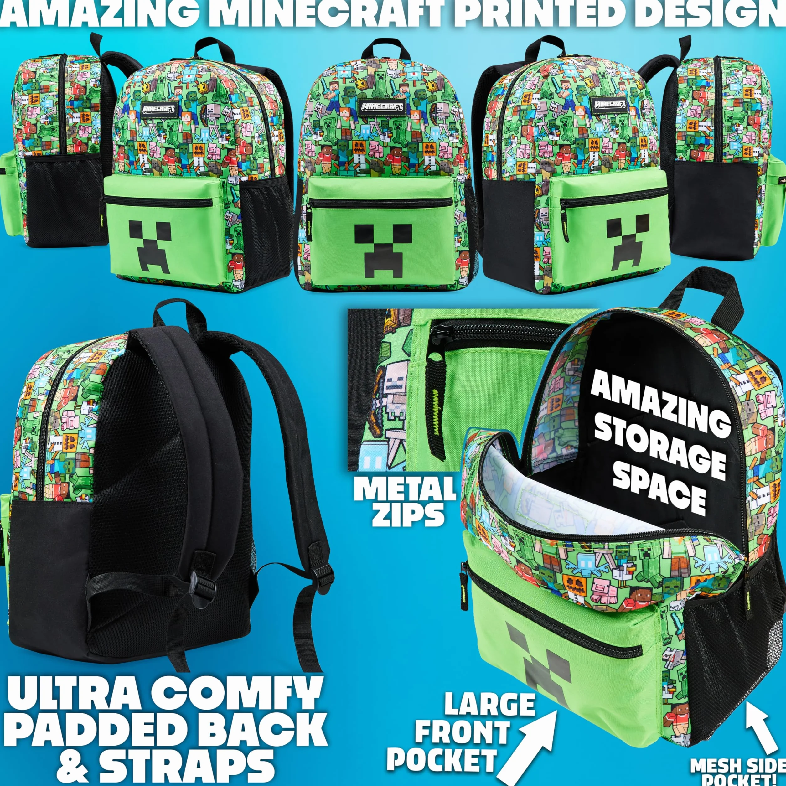 Minecraft Mochila Escolar Set de 5 Piezas Botella de Agua Bolsa Almuerzo Estuche Infantil Mochila Cuerdas o Llavero Correa con Cordón Material Escolar (Verde AOP)