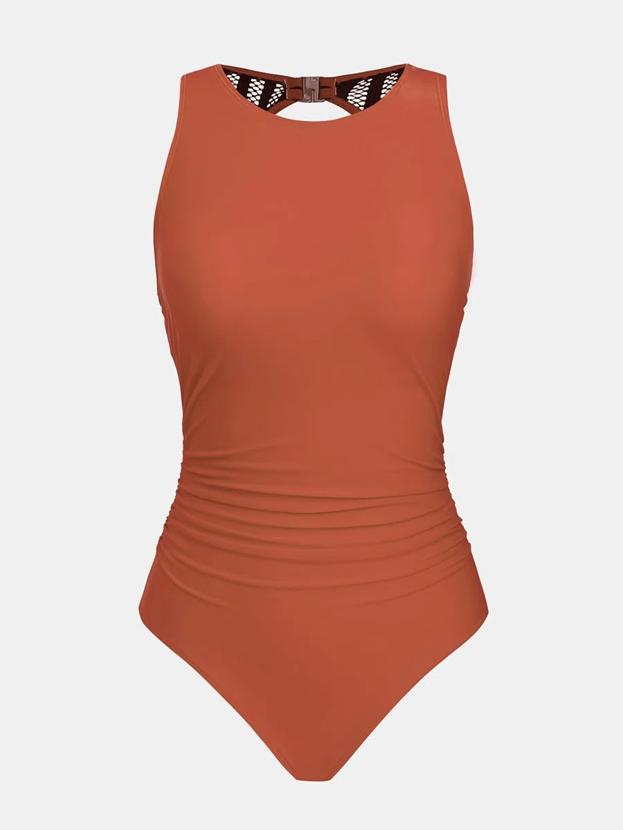 CUPSHE Traje de baño de una pieza para mujer, con control de abdomen, cuello alto, recortado, gancho trasero, traje de baño de malla