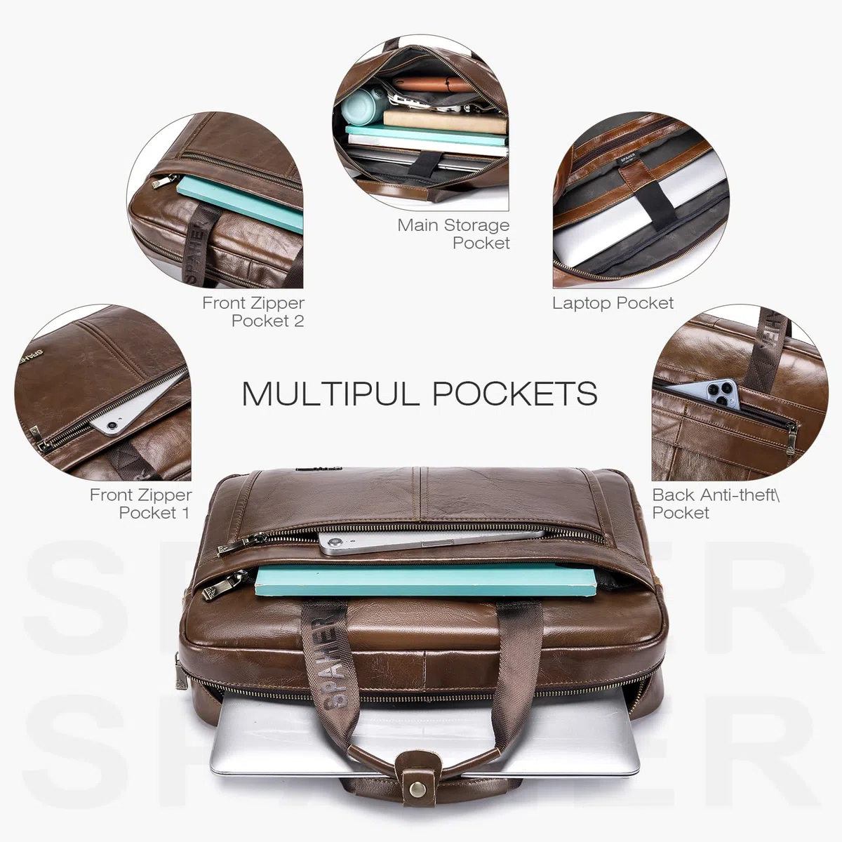 SPAHER Maletín Portátil 15.6 Pulgadas Cuero Hombre Portadocumentos Ordenador de Trabajo Regalo