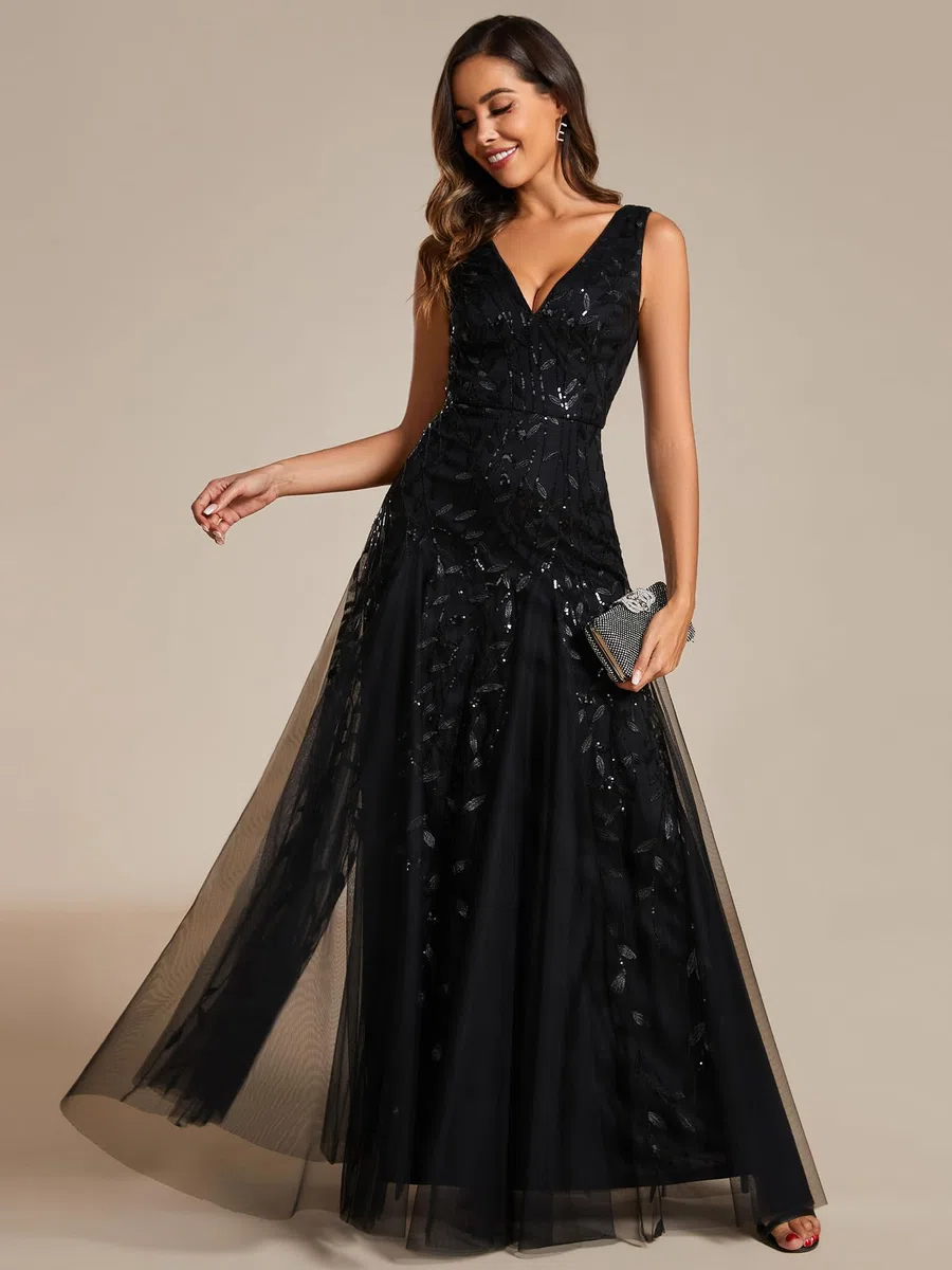Ever-Pretty Vestido de Noche para Mujer Cuello en V Lentejuelas Invitadas de Boda Largo Sin Mangas Cintura Imperio Formal Fiesta EE02130