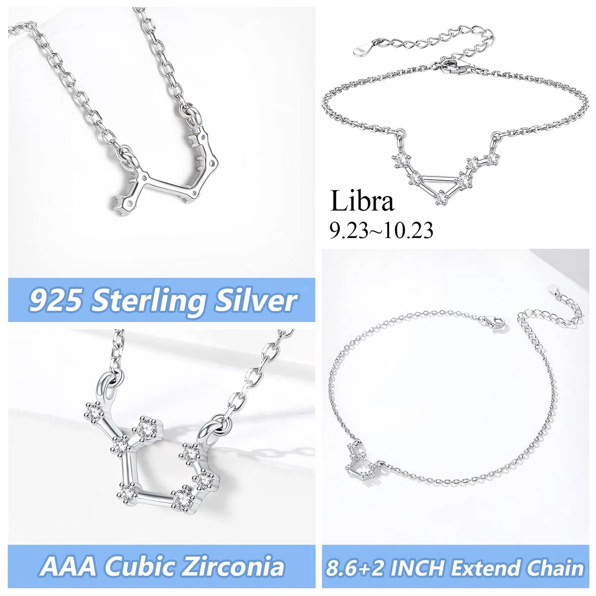 Silvora 22cm Tobillera Plata de Ley 925 Pulsera Zodiaco Libra Tobillera Verano Piscina