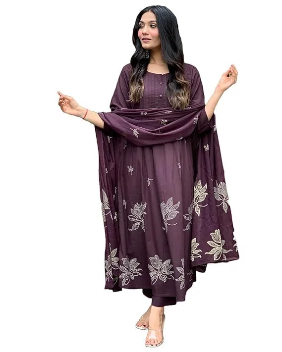 Kurta estampada Anarkali de viscosa de rayón para mujer con pantalón y dupatta