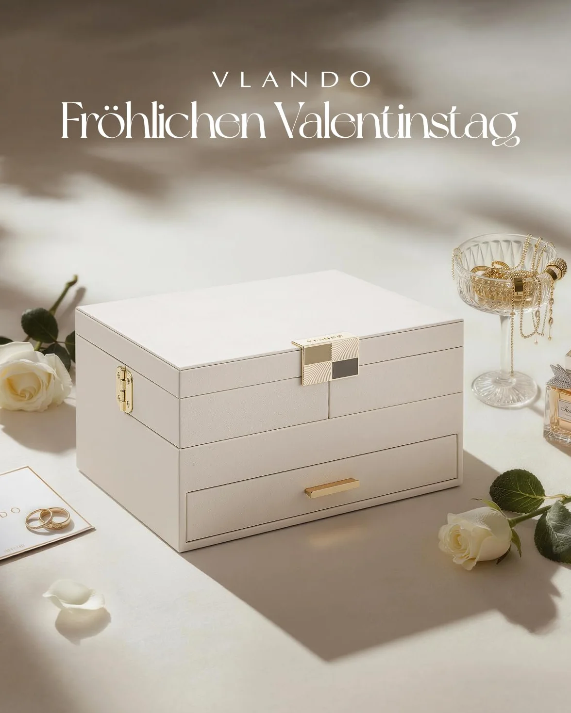 Vlando Joyero grande para mujer, almacenamiento de joyas con 2 cajones, bandeja organizador de joyas con cajón para collares, anillos, pulseras, pendientes, madres y niñas, beige