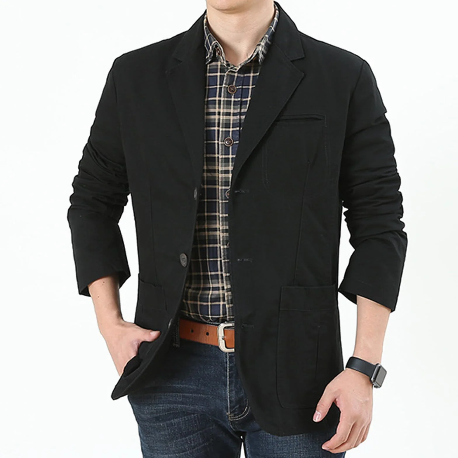 Generisch Americana de traje para hombre con cuello de solapa con tres botones, corte ajustado, manga larga, estilo deportivo