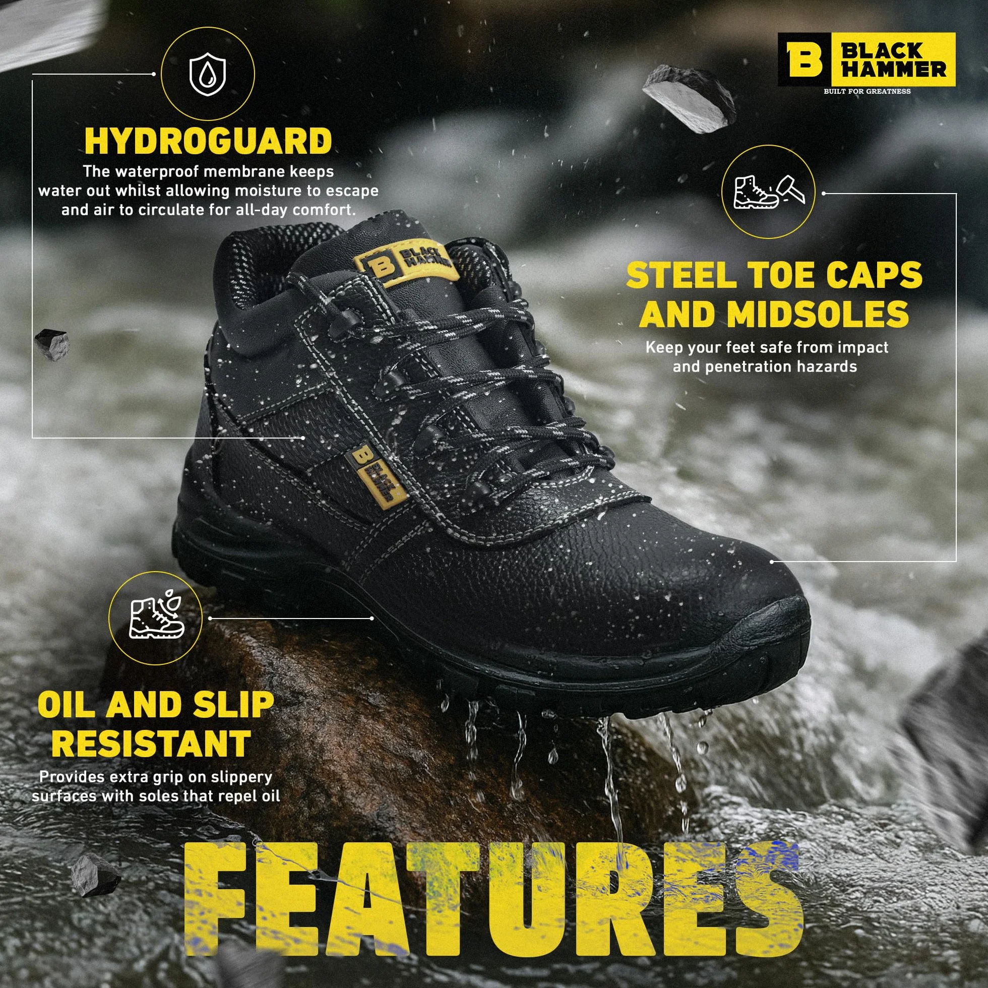 BLACK HAMMER Botas de Seguridad de Cuero para Hombres Puntera de acero Protección de Entresuela Impermeable S3 SRC Calzado de Trabajo al Tobillo de Cuero 1007 (41 EU)